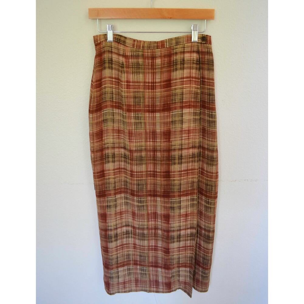 90s Vintage Silk Plaid Wrap Skirt - Picture 3 of 6